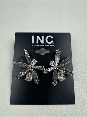 INC International Concepts Clear Crystal Floral Earrings Silver bling NEW